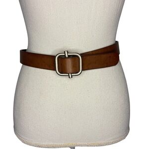 Brown Leather Tension Adjustable Belt Silver Buckle Hardware Medium